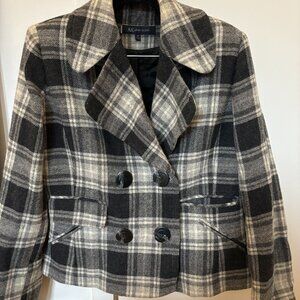 Anne Klein Blazer Gray Black Plaid 100% Lambs Wool Size 12P